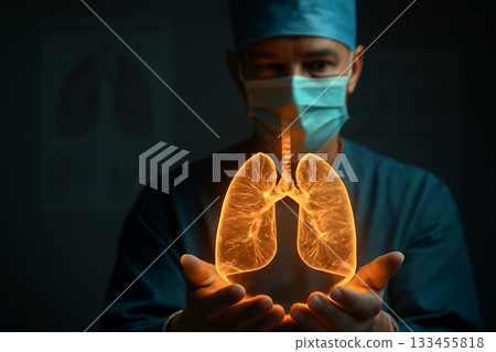 AI generated surgeon presenting a glowing holographic lung model with dramatic lighting and medical charts in the background. Captivating close-up showcasing healthcare innovation advanced technology. 133455818