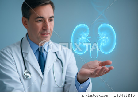 AI generated doctor presenting a glowing hologram of a kidney pair in a medical setting. Cool blue tones and clean lighting enhance the futuristic vibe of the hologram. AI generated doctor presenting a glowing hologram of a kidney pair in a medical setting. Cool blue tones and clean lighting enhance the futuristic vibe of the hologram. 133455819
