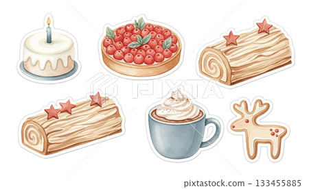 Scandinavian style minimalist Christmas cake and sweets watercolor sticker set Scandinavian style minimalist Christmas cake and sweets watercolor sticker set 133455885