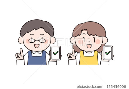 Illustration of a man and a woman, representing a housewife or househusband checking Illustration of a man and a woman, representing a housewife or househusband checking 133456006