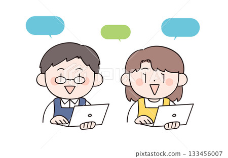 圖中描繪了一男一女，分別代表家庭主婦和家庭主婦，正在操作電腦。 133456007