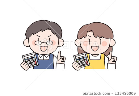 插圖描繪了一男一女,分別代表家庭主婦或家庭主婦,他們手持計算器。 插圖描繪了一男一女,分別代表家庭主婦或家庭主婦,他們手持計算器。 133456009