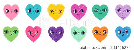 Colorful vector set with cute textured heart faces with eyes and mouths, funny characters 133456221