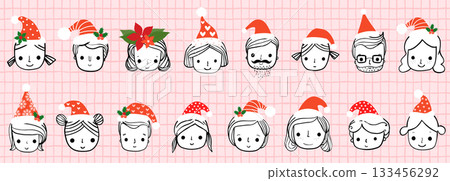 Cute vector faces with Santa hats, Christmas holiday outline portrait illustrations for greeting cards and banners Cute vector faces with Santa hats, Christmas holiday outline portrait illustrations for greeting cards and banners 133456292