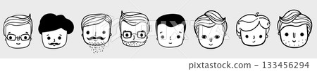 Cute hand drawn vector male face icons, men avatars with beards, mustaches, different expressions and hairstyles Cute hand drawn vector male face icons, men avatars with beards, mustaches, different expressions and hairstyles 133456294