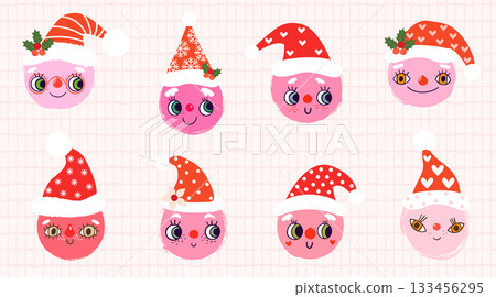 Funny round vector faces with Santa hats and cute expressions for Christmas holiday designs, greeting cards and stickers 133456295