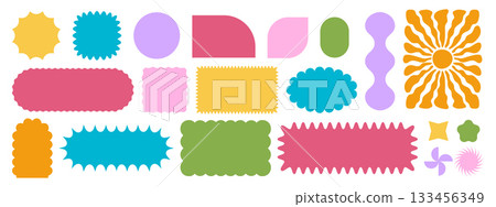 Colorful rectangle and square, oval and circle, sun and star shapes with wavy edges. Cute geometric forms with undulated borders. Empty box, sticker, tag or label templates. Vector flat illustration 133456349