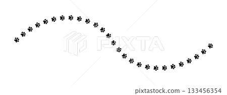 Winding track of wet or mud paw prints of dog or cat. Path with footprint silhouettes. Steps of running or walking wild animal or pet isolated on white background. Vector graphic illustration Winding track of wet or mud paw prints of dog or cat. Path with footprint silhouettes. Steps of running or walking wild animal or pet isolated on white background. Vector graphic illustration 133456354