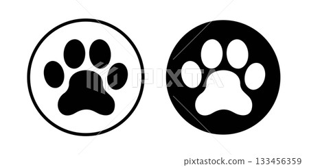Set of dog or cat paw silhouettes in round shapes. Puppy or kitty footprint stamps isolated on white background. Veterinary clinic or pet shop pictograms. Animal lovers stickers. Vector illustration Set of dog or cat paw silhouettes in round shapes. Puppy or kitty footprint stamps isolated on white background. Veterinary clinic or pet shop pictograms. Animal lovers stickers. Vector illustration 133456359