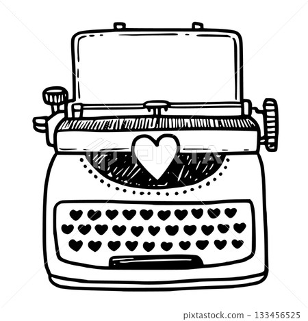 Typewriter vector illustration in doodle sketch style hand drawn outline in black and white. Cute vintage machine for valentine day card. Perfect for romantic design. Ideal for writer theme. 133456525