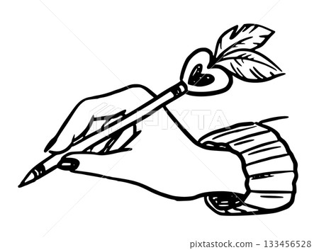 Writing woman hand with pencil vector illustration in doodle sketch style hand drawn outline in black and white. Simple art for valentines day design. Nice for romantic card. Great for creative note. 133456528