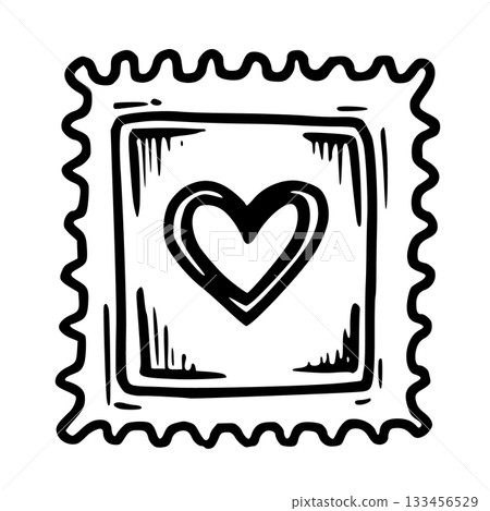 Paper stamp with heart vector illustration in doodle sketch style hand drawn line art in black and white. Simple art for valentines day design. Great for romantic card. Nice for love letter concept. 133456529