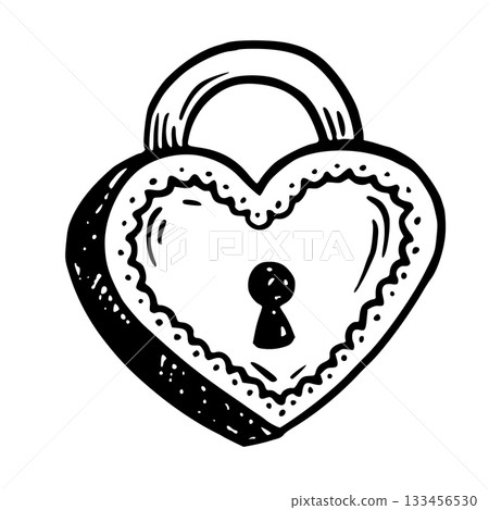 Heart shaped lock vector illustration in doodle sketch style hand drawn line art in black and white. Simple art for valentines day design. Great for romantic card. Nice for cute love concept. Heart shaped lock vector illustration in doodle sketch style hand drawn line art in black and white. Simple art for valentines day design. Great for romantic card. Nice for cute love concept. 133456530