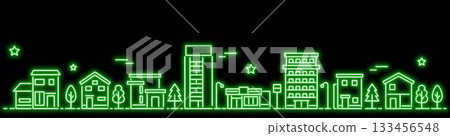 簡約霓虹城市景觀橫幅，綠色 133456548