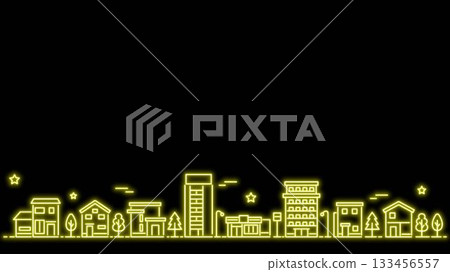 簡約霓虹燈城市景觀，寬幅，黃色 133456557