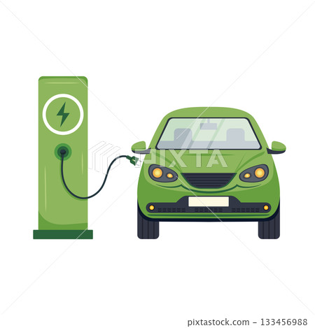 Green electric car charging at eco friendly station with modern design elements 133456988