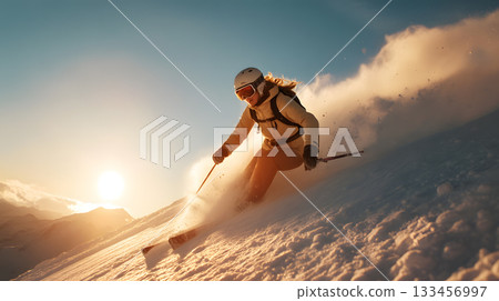 Female skier carving through fresh powder snow with sunset backdrop in winter landscape 133456997
