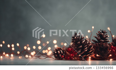 Decorative pinecones and lights create a cozy holiday atmosphere for winter celebrations 133456998