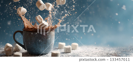 Hot chocolate splashes into a cup with marshmallows falling from above in a cozy setting 133457011