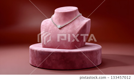 Elegant jewelry display featuring a diamond necklace on a plush pink velvet bust stand 133457012