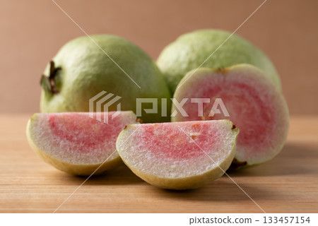 Red guava on wooden background, Tropical fruit high vitamin C 133457154