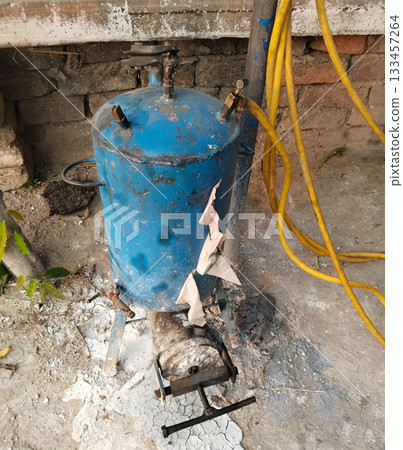 carbide and oxygen welding gas tank in a gas welding workshop. 133457264