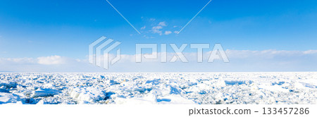 A magnificent expanse of drift ice in the Sea of Okhotsk in Hokkaido in mid-winter, with a clear blue sky A magnificent expanse of drift ice in the Sea of Okhotsk in Hokkaido in mid-winter, with a clear blue sky 133457286