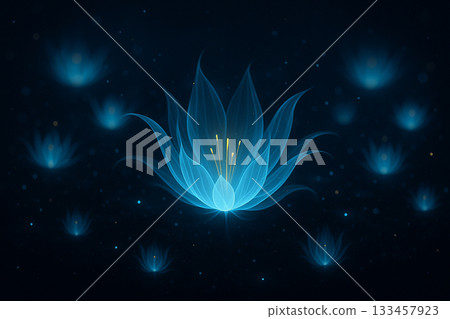 AI generated glowing bioluminescent blue flower floating in deep space with soft golden core expressing serenity wonder and gentle fantasy energy 133457923