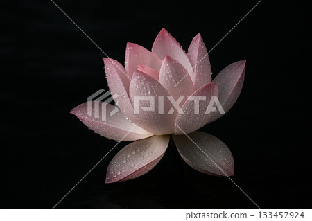 AI generated soft pink lotus with dew on petals emerging from dark background symbolizing purity calm and delicate spiritual beauty 133457924