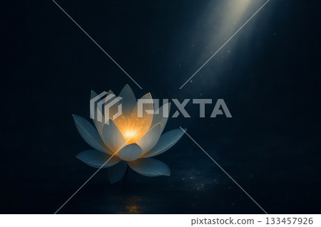 AI generated single glowing lotus floating in soft darkness with gentle warm light creating a calm serene and emotional sense of quiet inner hope. 133457926