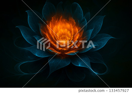 AI generated glowing orange and blue energy flower radiating warmth and depth in a surreal abstract cosmic atmosphere expressing power calm and inner awakening 133457927