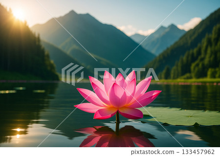 AI generated serene pink lotus blooming on calm mountain lake with soft sunlight reflecting nature tranquility harmony and gentle peaceful atmosphere inspired by mindfulness and inner balance 133457962