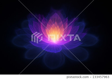 AI generated glowing lotus with luminous translucent petals in warm to cool gradient colors on a dark background evoking peace spirituality and gentle inner energy 133457963
