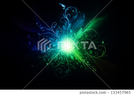 AI generated glowing floral energy burst with radiant white core and swirling green to blue light patterns on a dark background creating a mystical calm and uplifting atmosphere 133457965