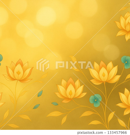 AI generated warm golden lotus flowers with gentle teal leaves on a soft glowing bokeh background creating a serene elegant and peaceful atmosphere suitable for decor and design. 133457966