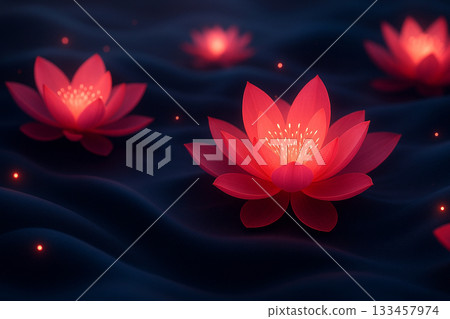 AI generated glowing pink lotus flowers floating on deep smooth waves expressing gentle calm emotional warmth spiritual awakening and dreamlike serenity suitable for wellness meditation design themes 133457974