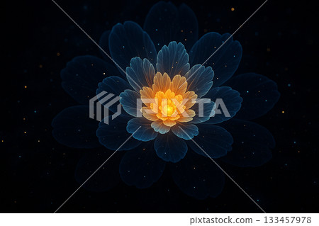 AI generated radiant cosmic flower with glowing golden core and layered translucent blue petals expressing serenity mystery and spiritual awakening AI generated radiant cosmic flower with glowing golden core and layered translucent blue petals expressing serenity mystery and spiritual awakening 133457978
