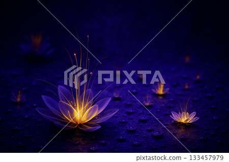 AI generated glowing lotus flowers radiating golden light in deep purple space symbolizing inner awakening calm depth serenity and spiritual harmony within a mysterious surreal dreamlike atmosphere 133457979