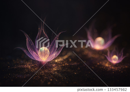 AI generated ethereal cosmic floral energy bloom with glowing translucent petals and radiant orb center floating in soft stardust atmosphere conveying rebirth serenity and surreal beauty 133457982