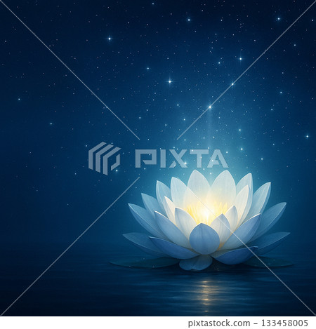 AI generated luminous white blue lotus blooming on calm water with starry night atmosphere expressing purity inner awakening peace and spiritual stillness 133458005