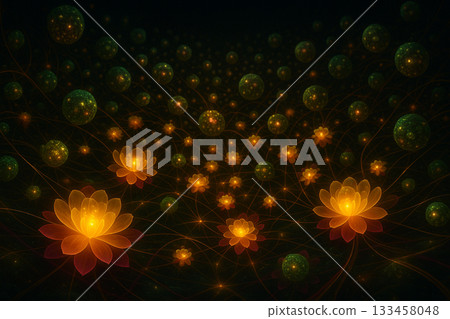 AI generated glowing golden lotus flowers arranged in an infinite fractal field with vibrant inner light and flowing energy creating a mystical spiritual atmosphere of life and connection. 133458048