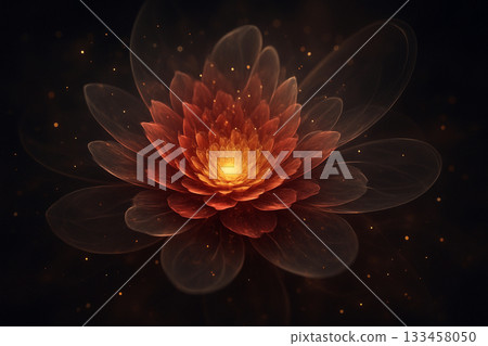 AI generated radiant lotus flower glowing softly in warm light floating in darkness creating a calm ethereal and spiritual atmosphere with delicate layered petals and a sense of inner serenity 133458050