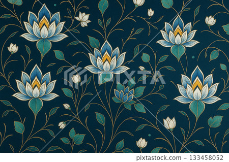AI generated decorative lotus pattern with soft elegant lines blue green and gold tones on a calm dark background creating a refined serene and artistic atmosphere suitable for design and decor 133458052