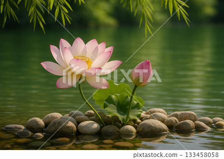 AI generated peaceful pink lotus blooming beside calm water with gentle light natural stones and soft tranquil atmosphere evoking relaxation harmony and quiet inner peace 133458058