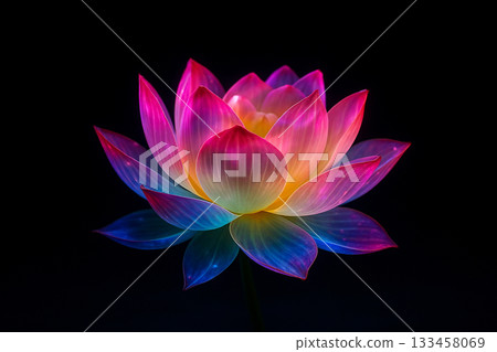 AI generated vibrant glowing lotus flower with luminous translucent petals in neon colors on a dark background creating a sense of serenity energy and spiritual awakening 133458069