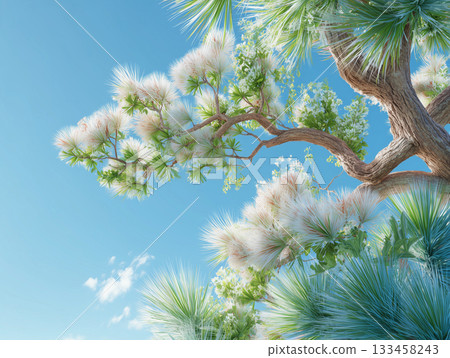 A close-up of a powerful Kadomatsu (New Year's pine) against the blue sky A close-up of a powerful Kadomatsu (New Year's pine) against the blue sky 133458243