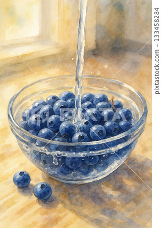 清洗藍莓的陽光廚房插畫 133458284