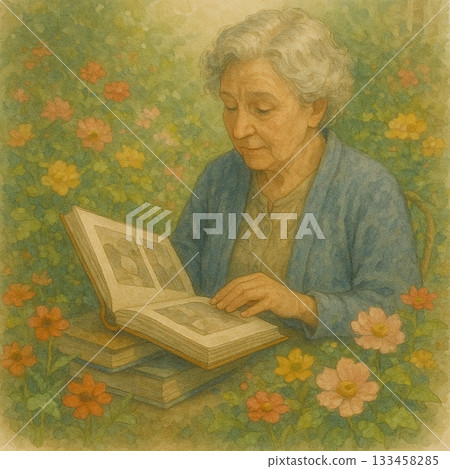 花園中翻閱相簿的慈祥老奶奶插畫 133458285