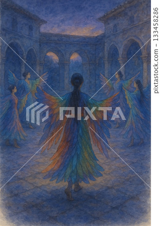 暮色中羽翼舞者的幻想表演 133458286