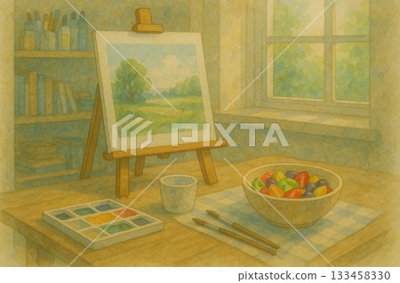 溫馨畫室中的風景畫與水彩工具插圖 133458330